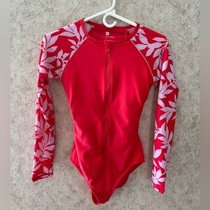 all in motion Pink Red Floral Zip-Front Long Sleeve Swimsuit